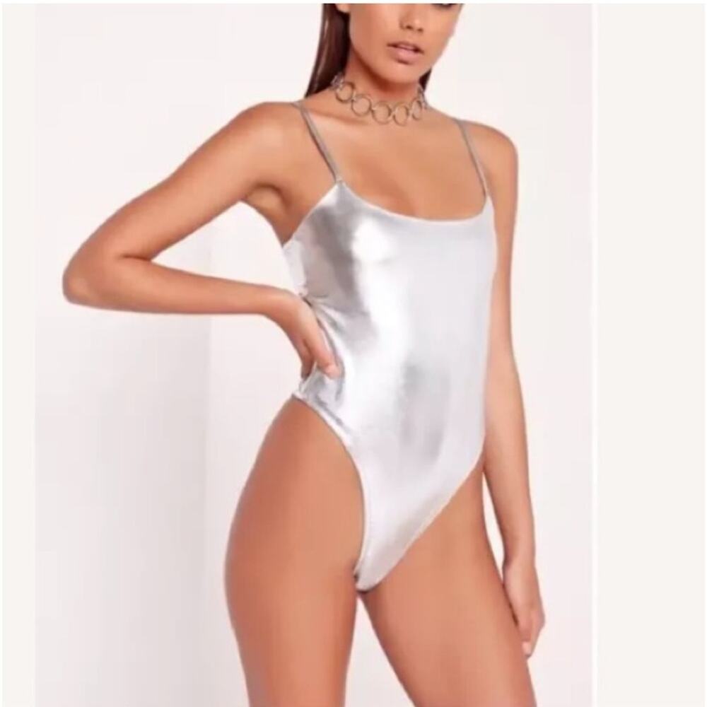 NWT Missguided Peace + Love Silver Metallic Strappy Bodysuit XS - Picture 2 of 7